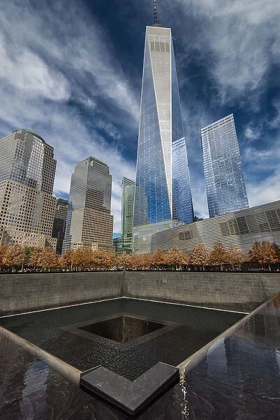 Southern Pool of National September 11 Memorial & Museum with One World Trade Center