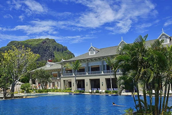Swimming pool of a luxury hotel on the Le Morne Peninsula, Mauritius, Indian Ocean