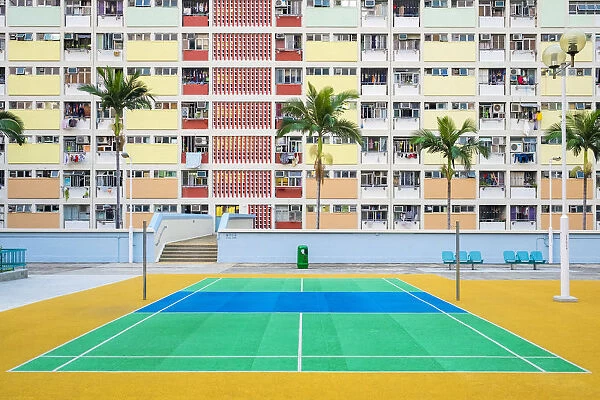 Empty tennis court at Choi Hung Estate, one of the oldest public housing estates in