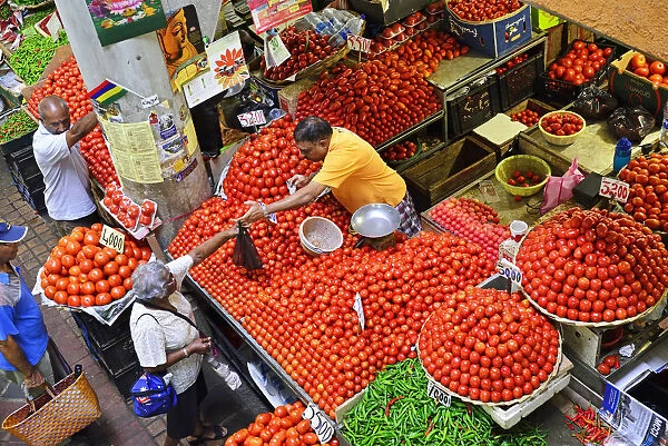 A tradesmen selling tomatos from his stall at the Big Vegetable Market, Port Louis