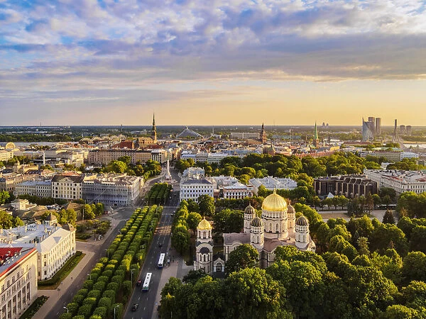 View over the Golden Domes of the Nativity of Christ Orthodox Cathedral towards the Old Town at sunset, Riga, Latvia