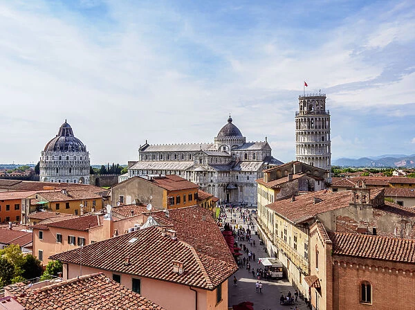 View over Via Santa Maria towards Cathedral and Leaning Tower, Pisa, Tuscany, Italy