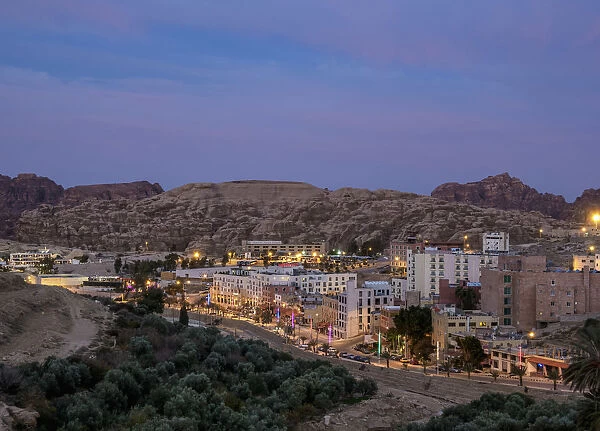 Wadi Musa at twilight, elevated view, Ma an Governorate, Jordan