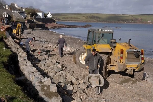 Sea wall construction, Dale, Pembrokeshire, Wales, UK, Europe