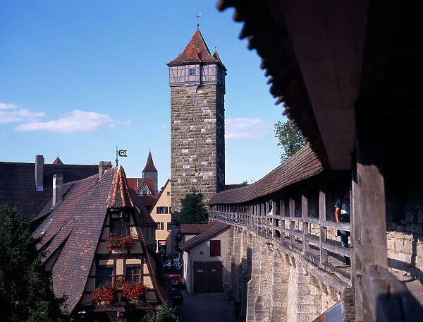 GERMANY, Bavaria, Rothenburg View from the town walls under covered walkway toward