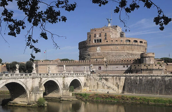 Italy, Lazio, Rome, Castel Sant'Angelo with bridge & river Tiber