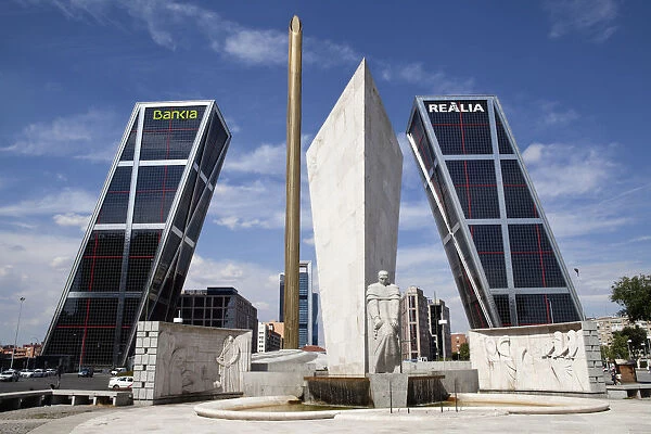 Spain, Madrid, Puerta de Europa with the monument to Calvo Sotelo in the foreground at