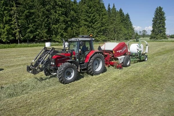 90325-00173-755. Silage crop, Massey Ferguson tractor with round baler