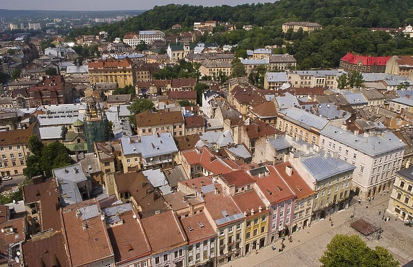 Aerial from above shot from City Hall tower of the beautiful city of Lviv Ukraine