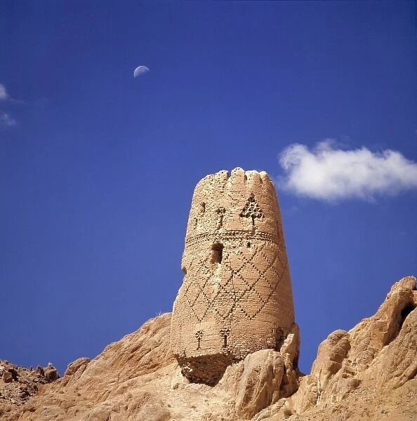Afghanistan, Bamian Valley. An abandoned watchtower in the City of Noise rises above