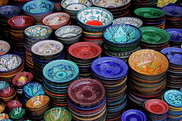Africa, Morocco, Marrakech. Moroccan Hand-painted glazed ceramic dishes