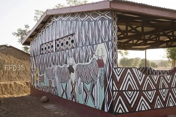 Africa, West Africa, Ghana, Sirigu. Mural of zebu on open structure in Sirigu painted village