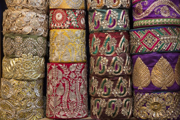 Asia, New Delhi, color brocade materials for sale