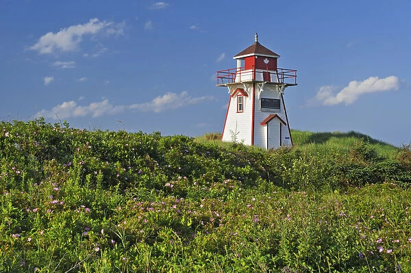 Canada, Prince Edward Island, Covehead Harbour. Lighthouse and flowers