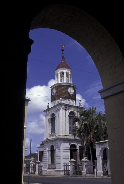 CARIBBEAN, USVI, Saint Croix, Christiansted View of clock tower through arch