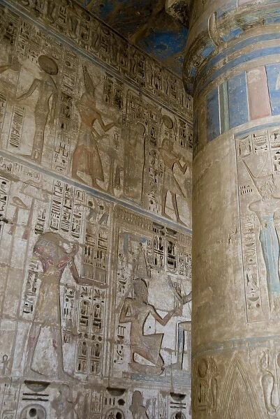 Egypt, Luxor, West Bank, Medinet Habu Temple (aka Djanet). Highly carved & colorful