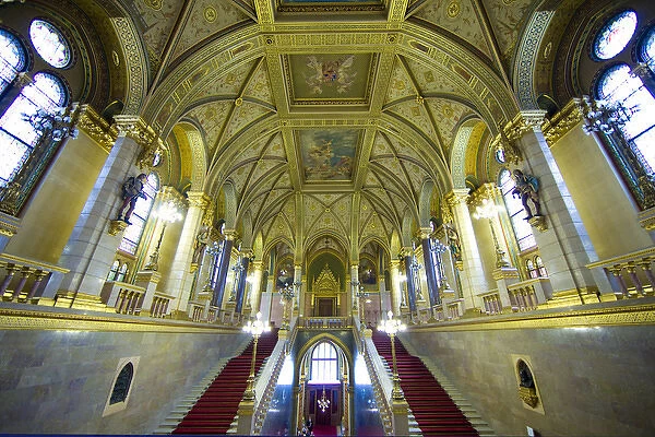 Europe, Hungary, Budapest. Ornate interior of Parliament Building. Credit as: Jim