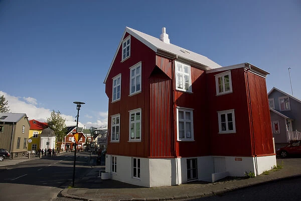 Europe, Iceland, Reykjavik. A red, metal-siding building being used as a gallery