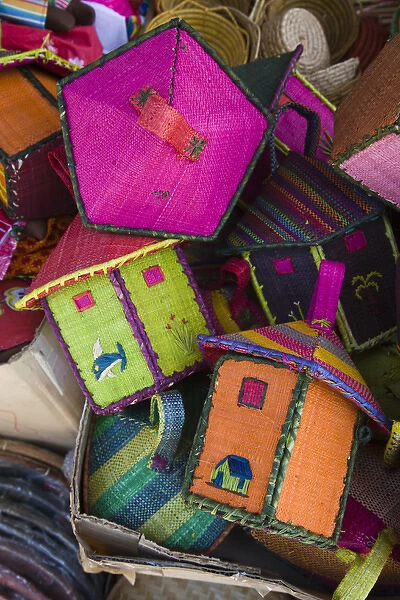 France, Reunion Island, St-Pierre, Covered Market, Reunion-made bags for sale