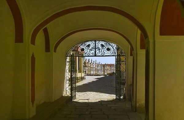 Gate to Old town square surrounded by 16th-century Renaissance houses, Telc, Moravia