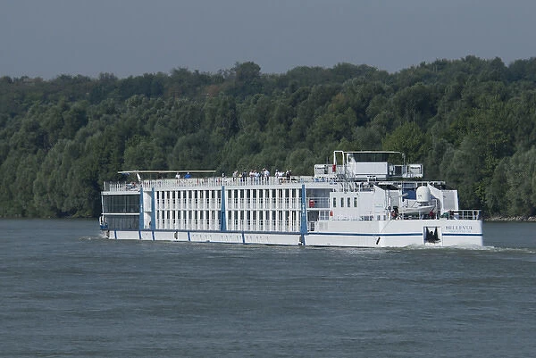 Hungary. Danube River view. Passenger river cruise boat, Bellevue, near Kalocsa