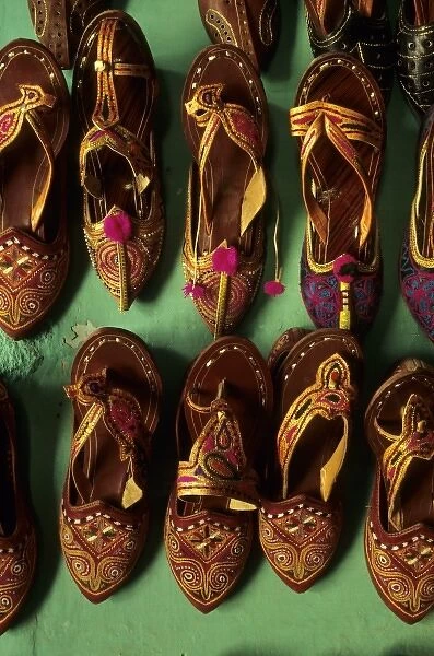 India, Rajasthan, Jaisalmer. Colorful embroidered leather shoes