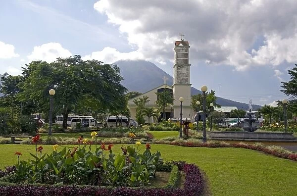 La Fortuna Church and Arenal Volcano at the town of La Fortuna, San Carlos, Costa Rica