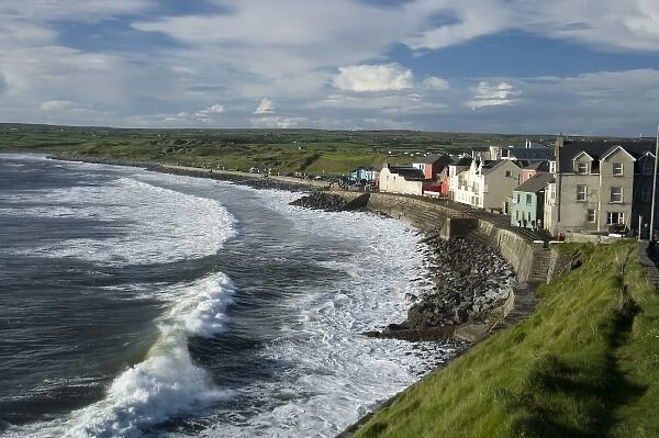 Lahinch, County Clare, Ireland, Town, Houses, Waves, Breakwater, Evening, Coastline