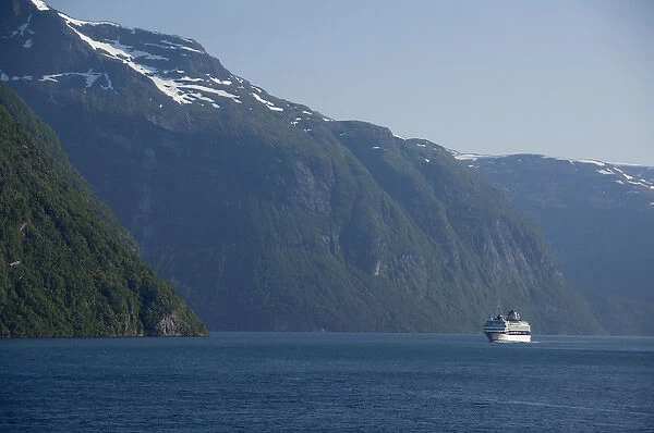 Norway, Geirangerfjord, Geiranger. Celebrity Century cruise ship sailing inside scenic