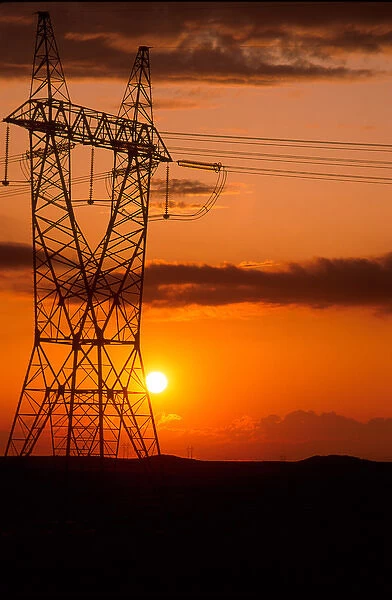 Power lines at sunset. power, lines, sunset, energy, transmission, tower, electricity