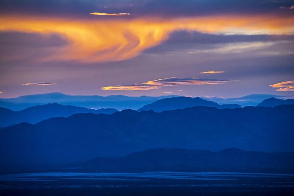 Ridges, mountain, and cirrus cloud at sunset, Great Basin, Nevada