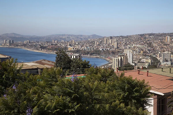 South America, Chile, Valparaiso. Overview of city and the bay. (UNESCO World Heritage