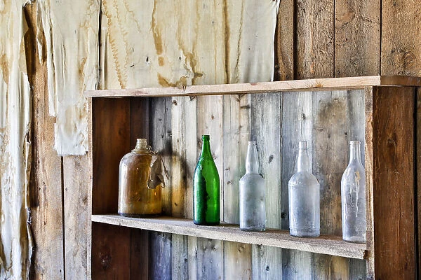 United States, Montana, Bannack, Bannack State Park, Old Bottles on a Shelf