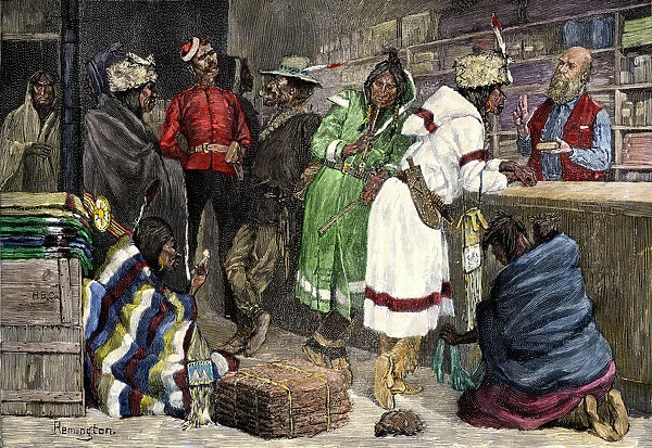 BUSN2A-00012. Native Americans exchanging furs for goods at a Hudson Bay Company post