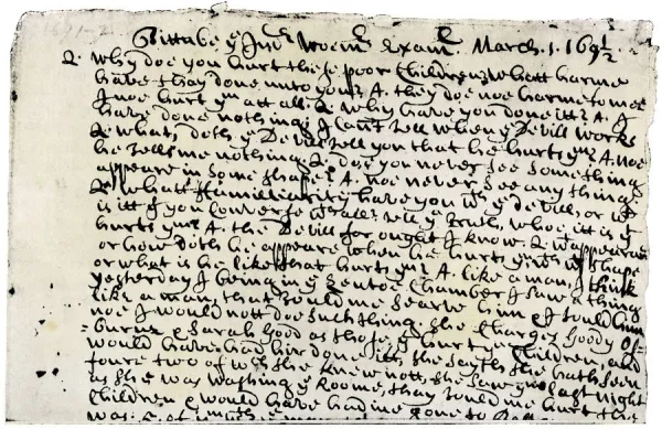 Court record of testimony at the Salem witch trials, 1692