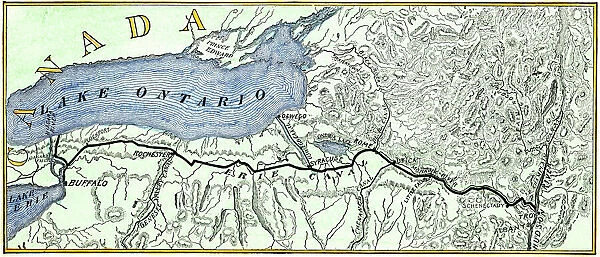 Erie Canal route. Map of the Erie Canal across New York state, 1800s.