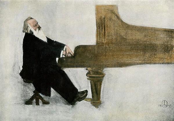 Johannes Brahms at the piano. Hand-colored halftone ...