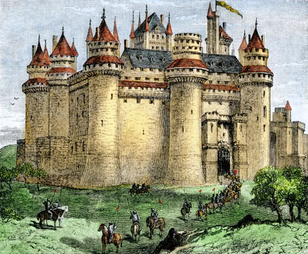 Medieval castle. Knights entering a castle in the Middle Ages.