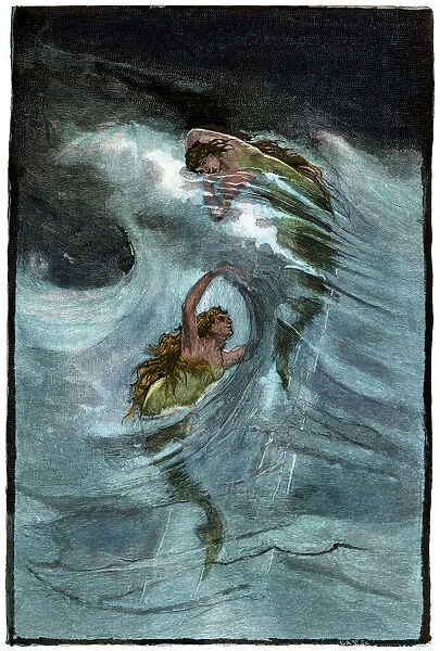 Mermaids. Two mermaids playing in the waves, 'a Nixie's legend.'