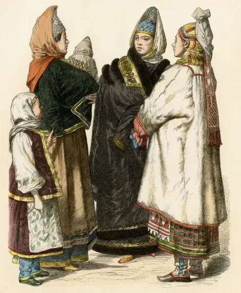 Russian Peasant Women with Children, 19th Century Hand-Colored