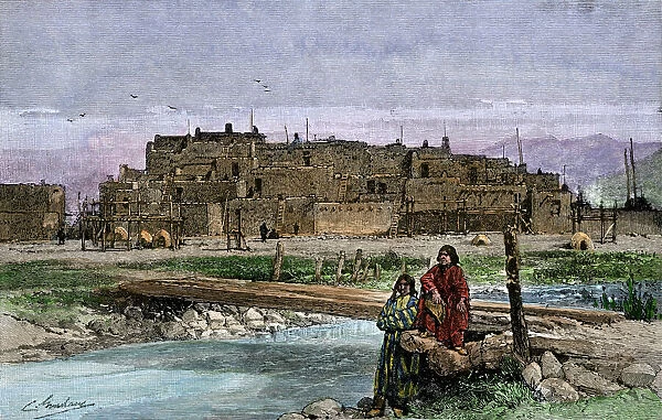Taos Pueblo, 1800s. Pueblo of Taos, on the Rio Pueblo de Taos, in New Mexico, 1800s.