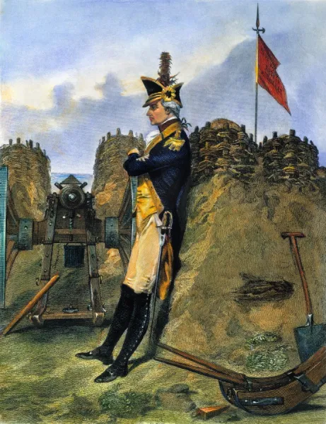 (1755-1804). Hamilton at Yorktown in 1781. Steel engraving, 1858, after a painting by Alonzo Chappel