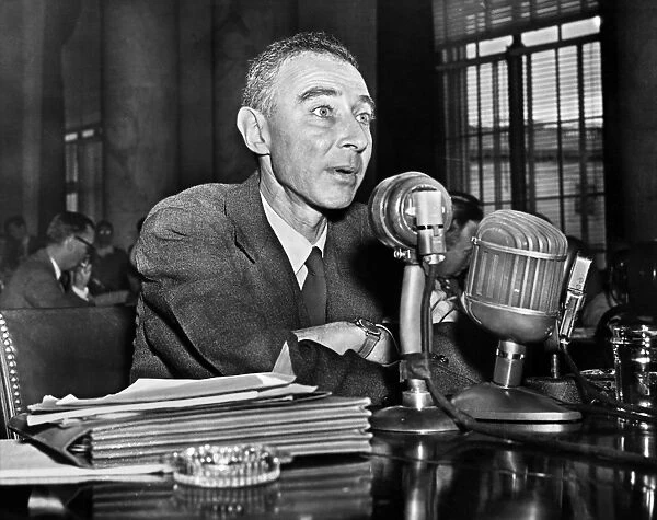 (1904-1967). American physicist. Oppenheimer testifying before the Joint Congressional Atomic Committee as Chairman of the Atomic Energy Commission. Photographed 13 June 1949