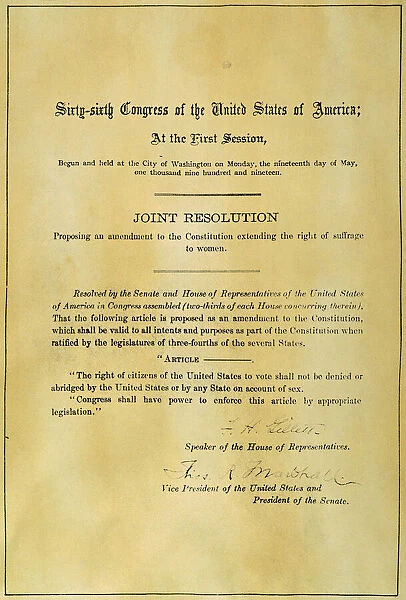 19th AMENDMENT, 1919. The Congressional Resolution for the submission of the Nineteenth Amendment to the Constitution to the state legislatures for ratification, 1919
