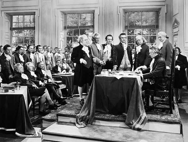 A 20th century film depiction of the signing of the Declaration of Independence at Independence Hall in Philadelphia, Pennsylvania, 4 July 1776