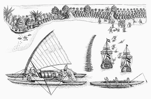 ABEL TASMAN (1603?-1659). Abel Janszoon Tasman. Dutch navigator and explorer. Ships of Tasmans exploring expedition (right) and Polynesian outrigger canoes near the shore of one of the Fiji Islands. Line engraving, late 19th century, after a drawing, c1643, by Tasman