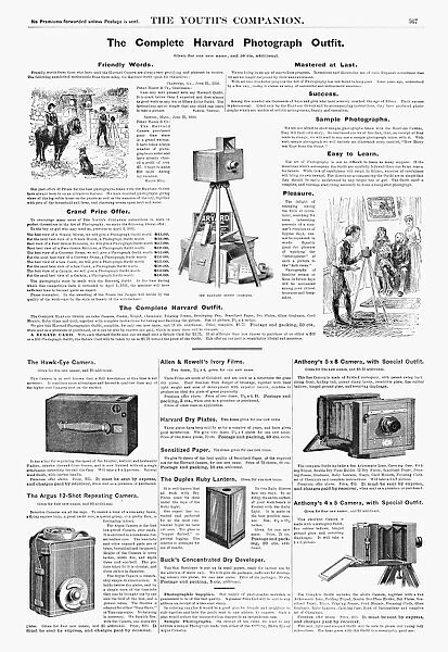 AD: CAMERAS, 1890. American magazine advertisements for various cameras and photography