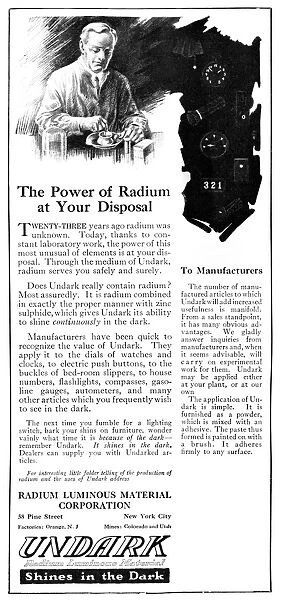 AD: UNDARK, 1921. American advertisement for Undark Radium (Photos Framed,...) #12223944
