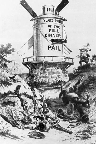 American cartoon by F. Victor Gillam, 1900, portraying Democratic presidential candidate William Jennings Bryan as a fallen Don Quixote whose attempts to tilt with the full dinner pail, symbol of the re-election campaign of President William McKinley, have been in vain