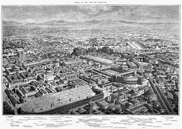 ANCIENT ROME, c170 A. D. Restoration of the city of Rome at the time of the reign of Emperor Marcus Aurelius (161-180). Line engraving, 1879